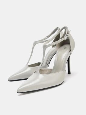 Zara Light Gray T-Strap Pointed Stiletto Heels